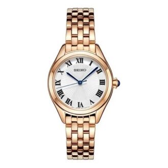 Modische Quarzuhr mit blau-weißem Zifferblatt, roségoldfarbenem Armband und Wasserdichtigkeit bis 5 bar