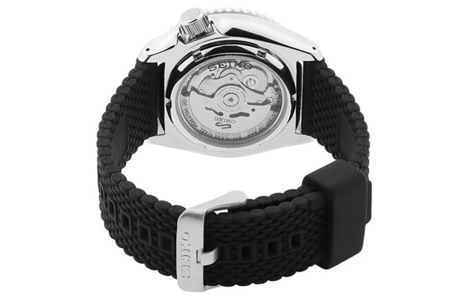 Nr. 5 Serie Sportliche mechanische Uhr mit schwarzem Kautschukarmband SRPD73k2
