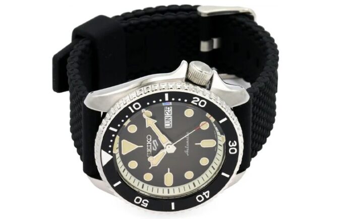 Nr. 5 Serie Sportliche mechanische Uhr mit schwarzem Kautschukarmband SRPD73k2