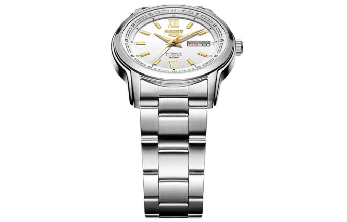 Nr. 5 Sports, wasserdichte Business-Mechanikuhr aus Stahl mit weißem Armband