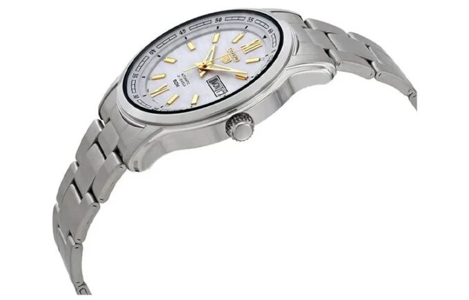 Nr. 5 Sports, wasserdichte Business-Mechanikuhr aus Stahl mit weißem Armband